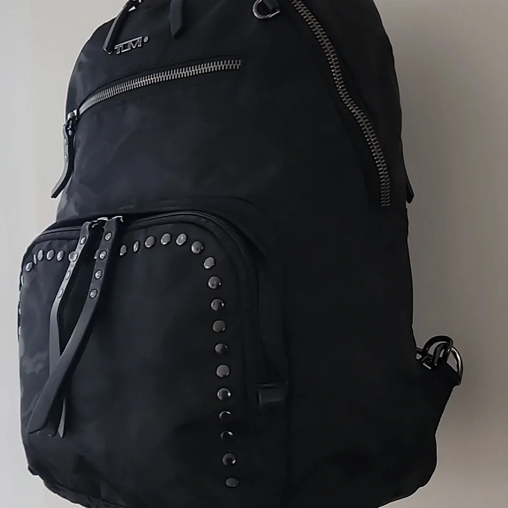 Rare Tumi Voyageur Studded Hagen Backpack in Black Camo Black Hardware